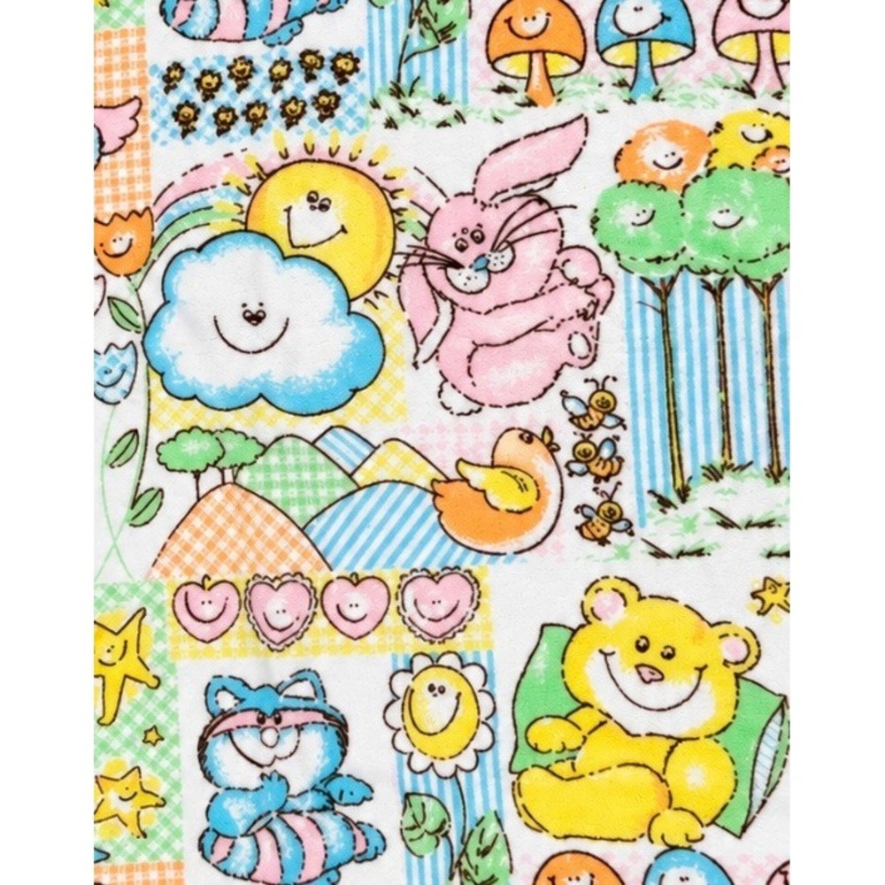 Vintage Baby Blanket WPL 1675 Yellow Satin Trim Animal Patchwork Print USA Made
